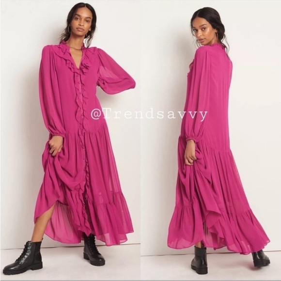 Farm Rio V-neck Ruffled Long Sleeve Maxi Dress Anthropologie Fuschia Pink XS NWT
